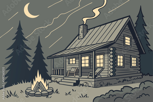59 cozy rustic cabin at night, crackling campfire, chairs around fire, pine trees, stormy sky, dramatic lighting, moody atmosphere, cinematic