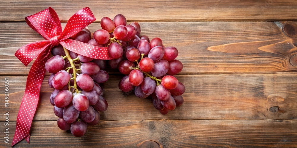 Red ribbon tied around a bunch of fresh grapes , fruit, red ribbon, fruit Red ribbon tied around a bunch of fresh grapes , fruit, red ribbon, fruit