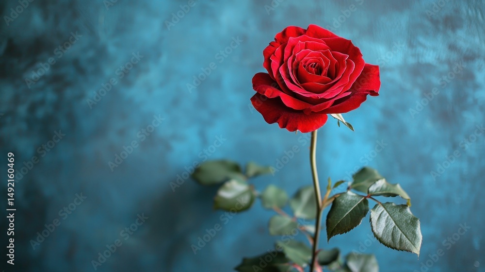 Fototapeta premium Vibrant red rose against teal backdrop