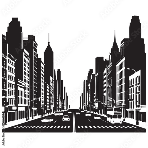 Cityscape Street View Vector Illustration of Buildings and Traffic