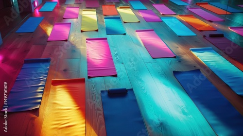 Vibrant yoga studio setup with colorful mats on wooden floor