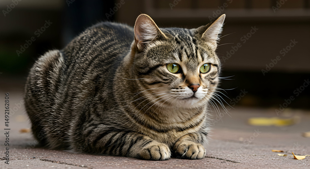 Naklejka premium tabby cat, cat, feline, Tabby Cat Resting on Patio