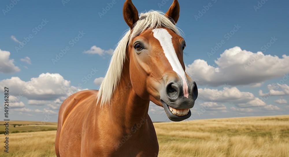 Obraz premium Smiling Horse Portrait in Field Under Blue Cloudy Sky