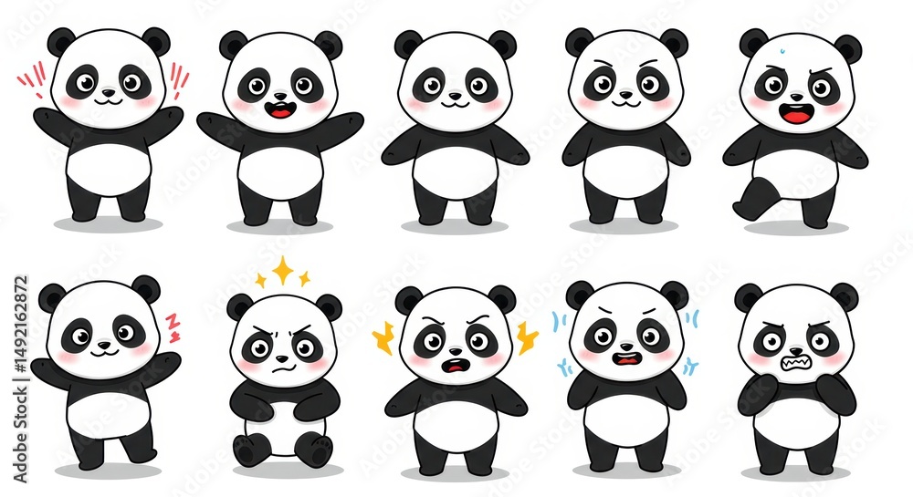 Naklejka premium Cartoon panda expressions set