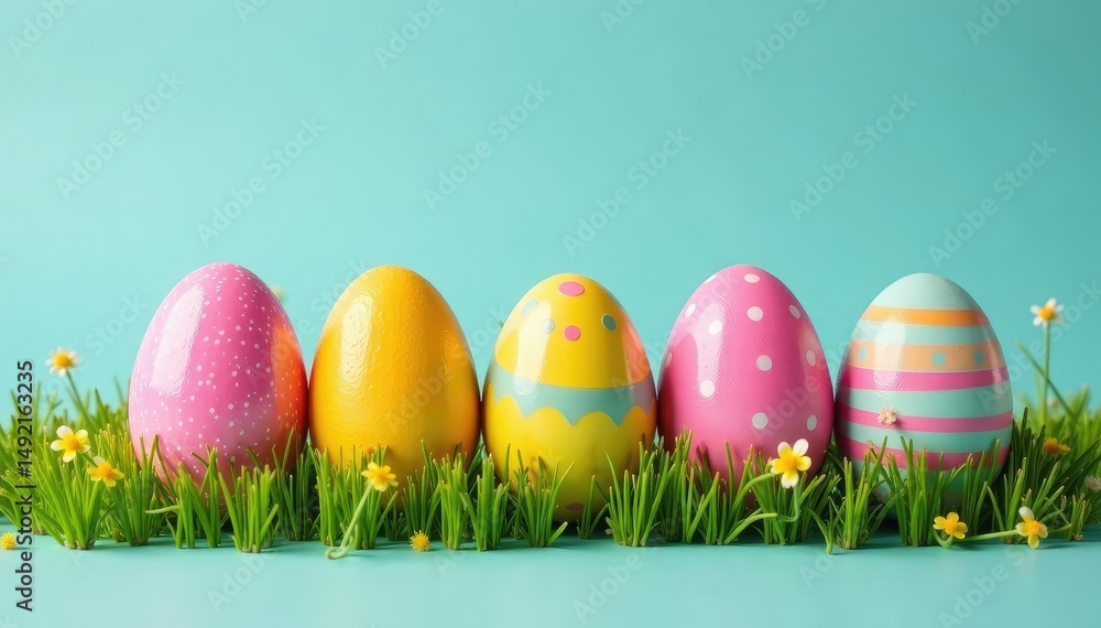 Fototapeta premium A colorful collection of Easter eggs arranged in a playful family-like formation , adorable, pattern