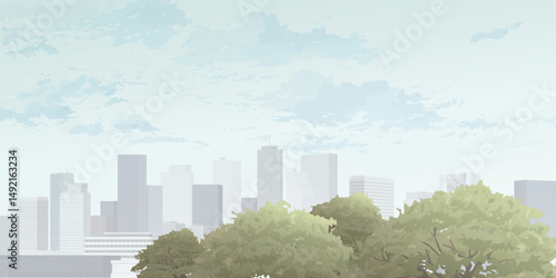 Cityscape with skyscrapers have trees at front and blue sky background graphic illustration.