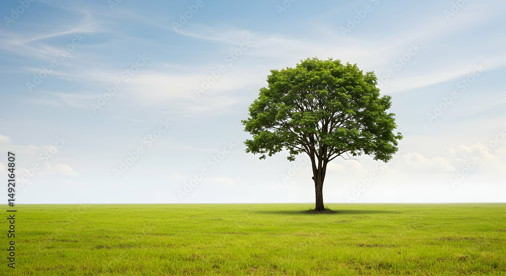 Obraz premium tree, single tree, lone tree, Solitary Tree in a Vast Green Field Under a Blue Sky