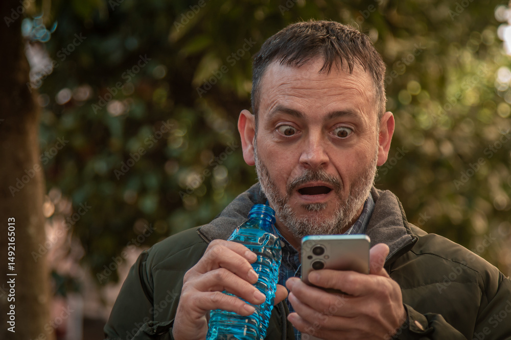 middle-aged man looking at his cell phone with a surprised expression middle-aged man looking at his cell phone with a surprised expression