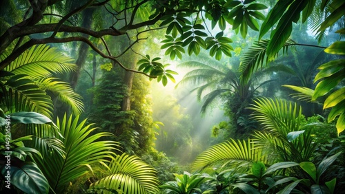 Exotic Jungle Bush on Tree Branches, leafy, tree branches,  leafy, tree branches, jungle, forest, tree top, foliage
