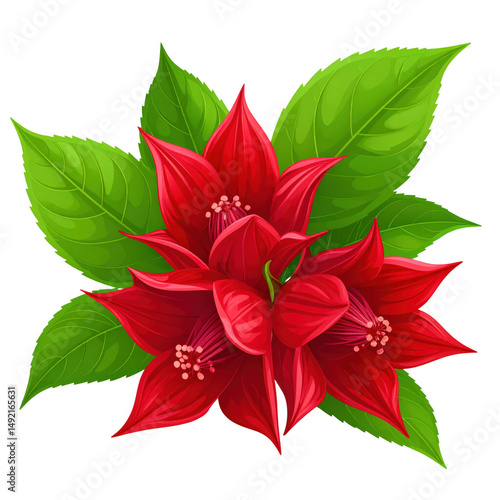 Detailed Cartoon Illustration of Isolated Roselle Flowers with Vibrant Green Leaves on a Clean White Background for Creative Projects