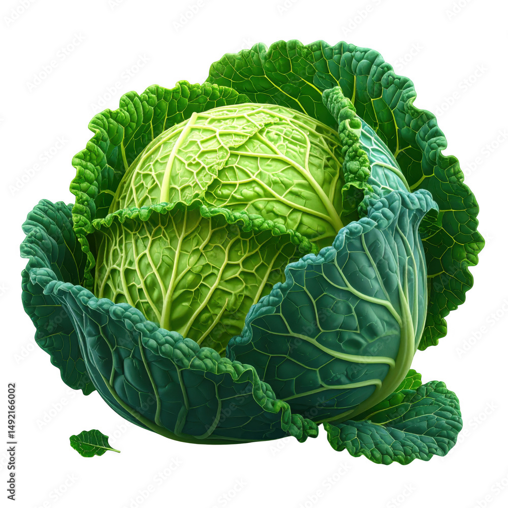Fototapeta premium Detailed Cartoon Illustration of a Fresh Savoy Cabbage Isolated on a White Background in Vector Style for Creative Projects and Design Use