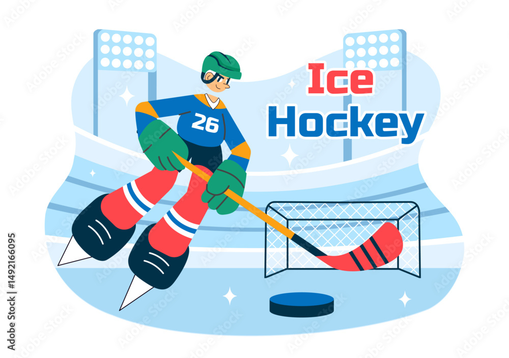 Obraz premium Ice Hockey Player Sport Vector Illustration featuring a Helmet, Stick, Puck, and Skates on an Ice Surface for Game or Championship in a Background