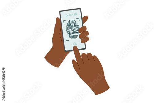 Fingerprint scanning system. Human hands holding smartphone with touch id. Biometric authentication technology concept. Vector hand drawn clipart.