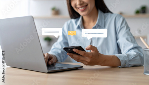 Customer using online service with chat bot to get support; notification for e-mail and message