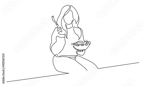 Woman Eating Continuous One Line Drawing. Female Portrait with Food Trendy Minimalist Vector Illustration. Woman in Kitchen One Line Abstract Drawing Minimalist Contour Style for Modern Design.