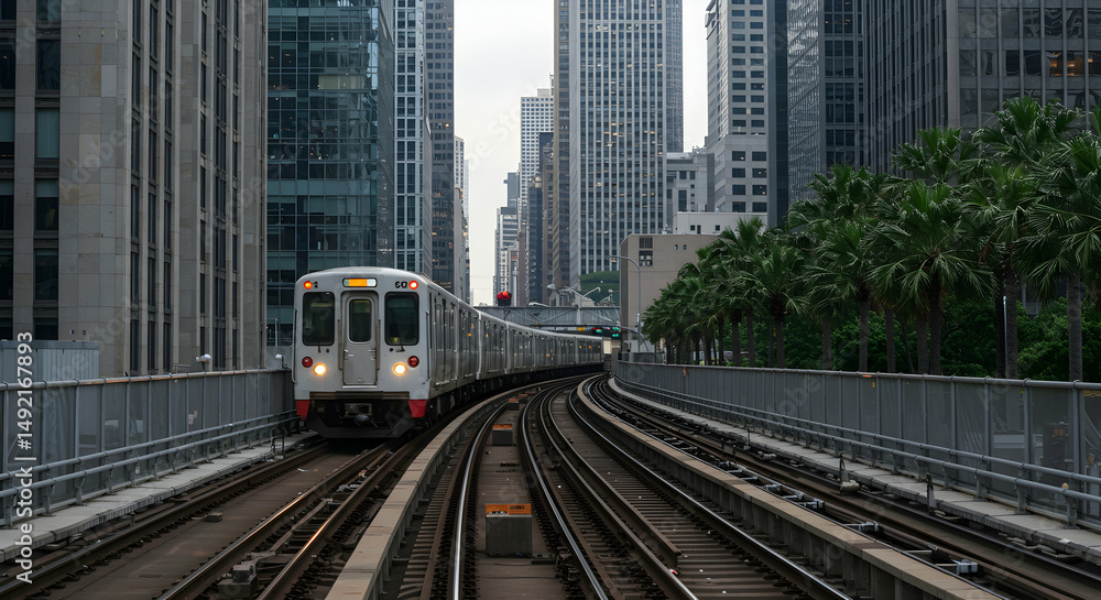 Naklejka premium train, city, skyline, Elevated Train Approaching City Skyline
