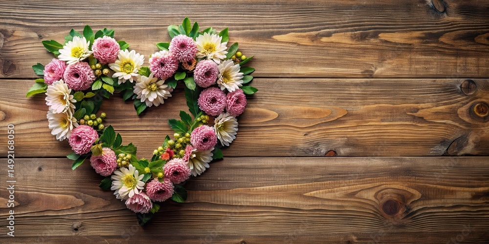 Fototapeta premium Heart-shaped flowers arranged on a wooden table with a subtle floral pattern and natural light filtering through the leaves, creating a warm ambiance , interior decor, flowers arrangement
