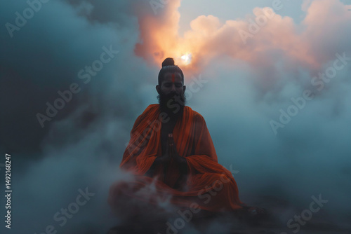 A spiritual guru meditates peacefully amidst the clouds at sunset, evoking a sense of calm. Generative AI