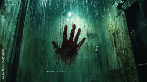 Bloody handprint on shower glass