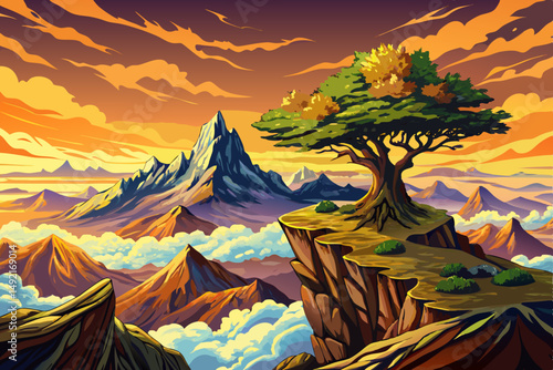 View of Lone Tree on a Cloud Shrouded Mountaintop at Sunset cartoon