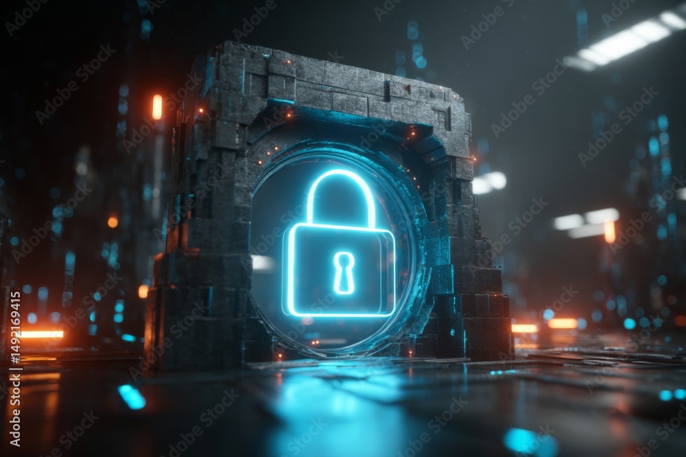 Secure digital vault with glowing lock symbol representing cybersecurity Secure digital vault with glowing lock symbol representing cybersecurity