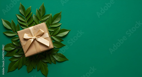 gift,  present,  box, Eco-Friendly Gift Box with Green Leaves on Teal Background