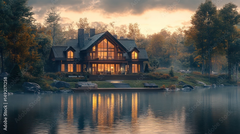 Fototapeta premium Lakeside autumn luxury home, sunset glow, forest backdrop, real estate