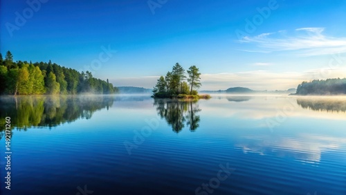 A vast expanse of soft blue mist floats above the surface of a tranquil lake on a warm summer day, with gentle ripples distorting the reflection , natural beauty, peaceful scene