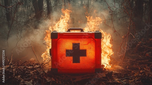 First aid kit engulfed in flames in forest