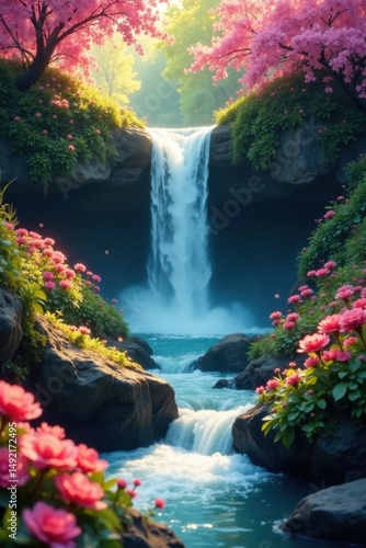 Waterfall cascades through vibrant spring blooms , blossom, cascade waterfall, scenery