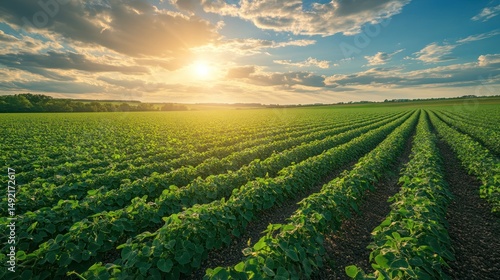 Expansive soybean field under a bright, golden sunset with tranquil sky