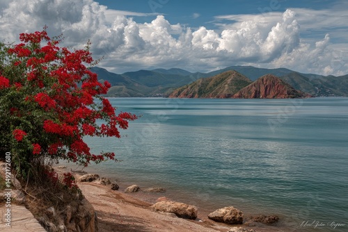 Serene Waters and Vibrant Blooms by Lake