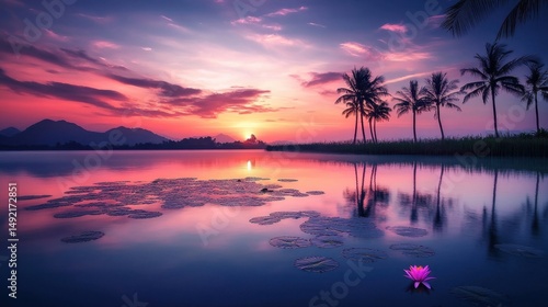 Serene sunset over a calm lake with pink lotus and gentle palm silhouettes