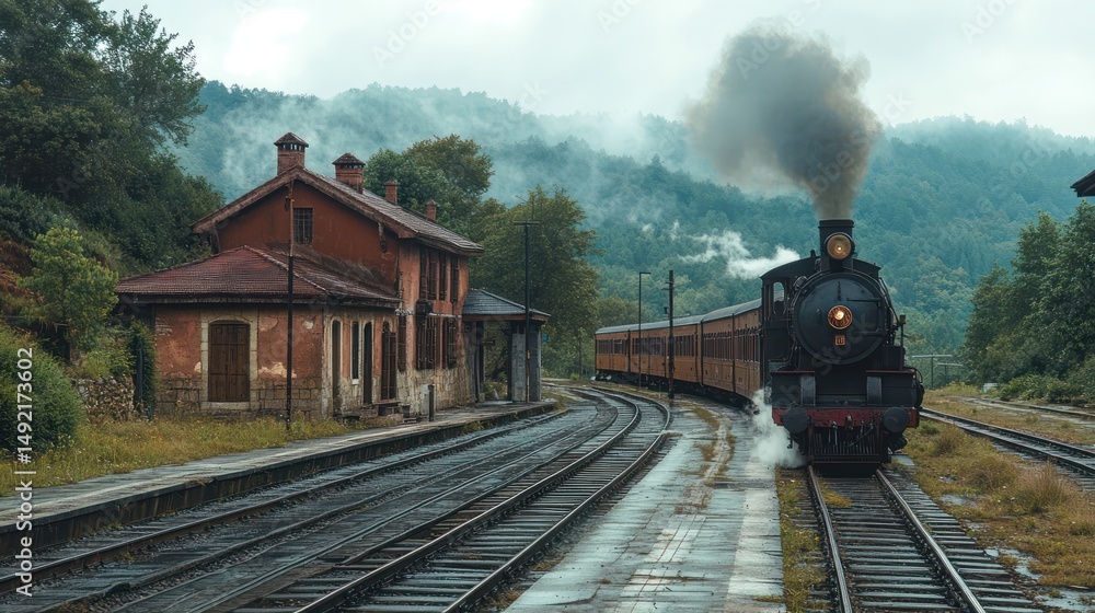 Obraz premium Steam train departing mountain station, misty hills
