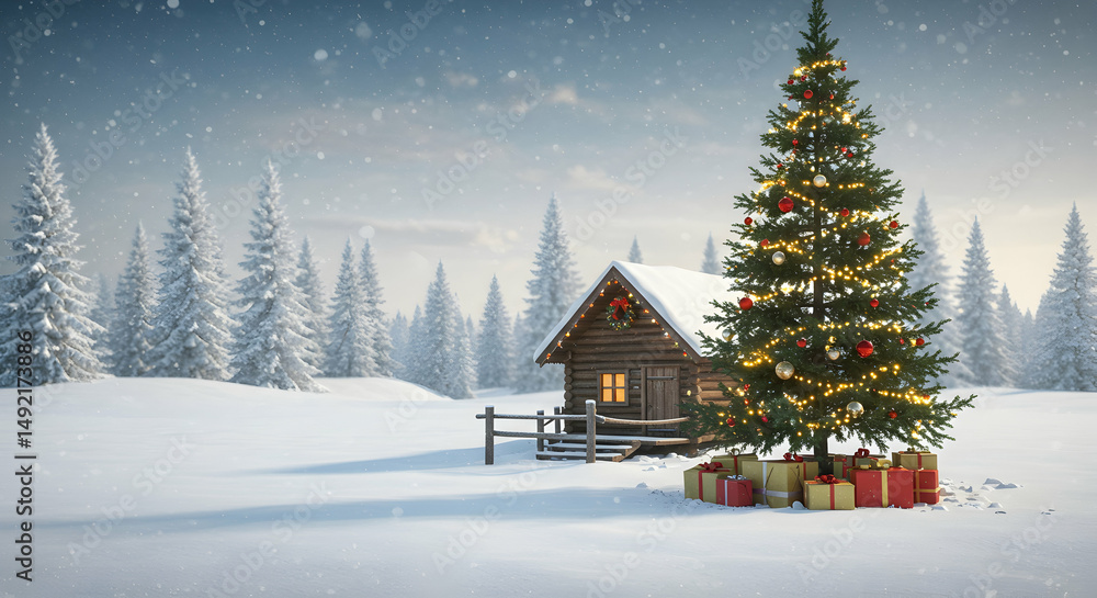 Fototapeta premium Christmas, cabin, winter, Christmas Cabin in Snowy Winter Wonderland