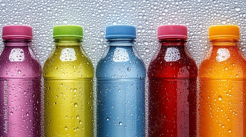 Colorful Bottles with Condensation: Refreshing Hydration and Vibrant Hues
