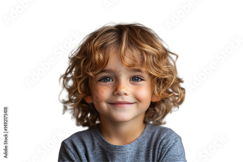 Smiling young child with curly blonde hair wearing gray shirt, close-up portrait, isolated on a transparent background