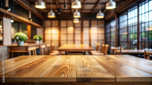 Wallpaper Mural A serene empty wooden table with a blurred background of interior Japanese restaurant, table, interior,  table, interior Torontodigital.ca