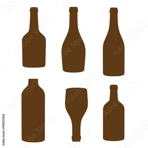 Brown silhouettes of wine bottles and a glass representing various shapes for drinks and beverages isolated on white background