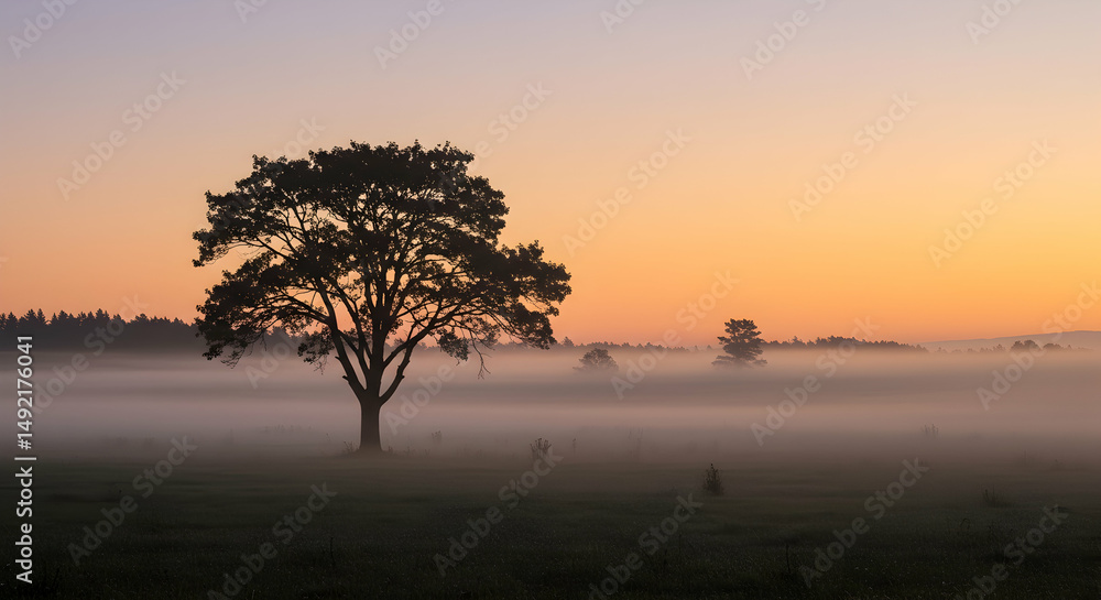 Fototapeta premium sunrise, fog, misty, Solitary Tree in Foggy Sunrise