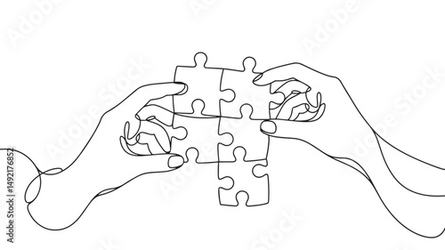 hand holding a puzzles vector one line drawing illustration
