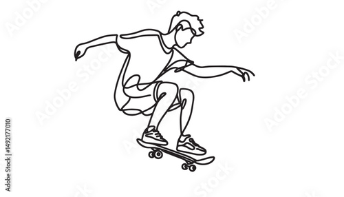 silhouette of a boy  on a skateboard  vector one line drawing illustration