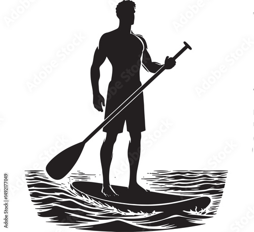 Silhouette of a man on a paddleboard holding an oar on water with white background