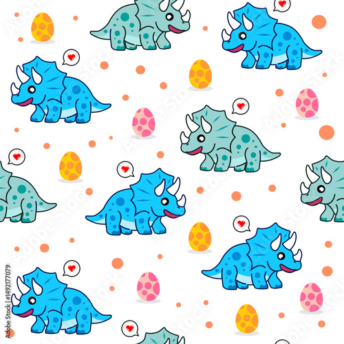 cute dinosaur triceratops and eggs seamless pattern