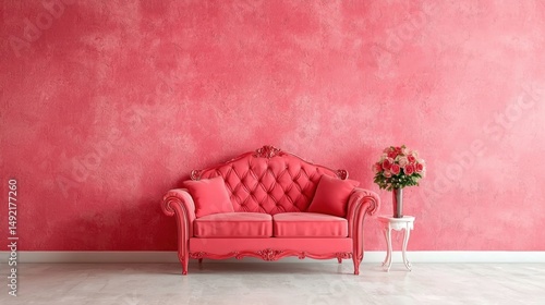 A pink couch with a vase of flowers on a small table.