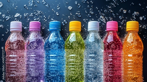 Hydration Rainbow: Row of Colorful Sparkling Water Bottles on Dark Surface