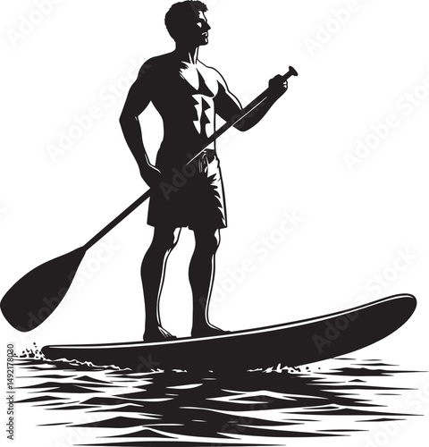 Silhouette of a muscular man paddleboarding on water with a paddle in his hands