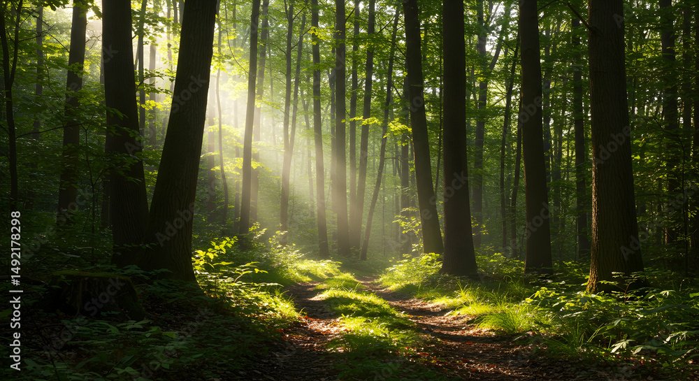 Fototapeta premium forest, woods, trees, Sunbeams in the Forest