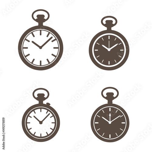 Four simplistic silhouette designs depicting antique pocket watches featuring different hand positions and elegant minimalistic details displayed in a clean white background.