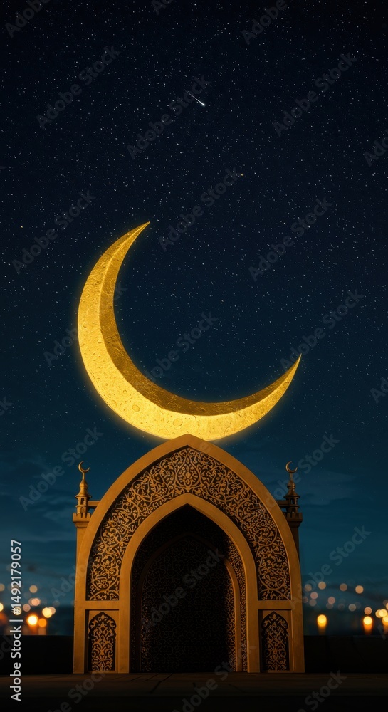 Fototapeta premium Golden crescent moon over ornate archway against starry night sky
